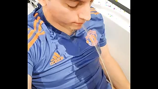 Cute boy pisses in his face and cums